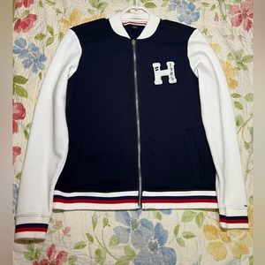 Tommy Hilfiger Navy and White Varsity Letterman Zip-Up Jacket